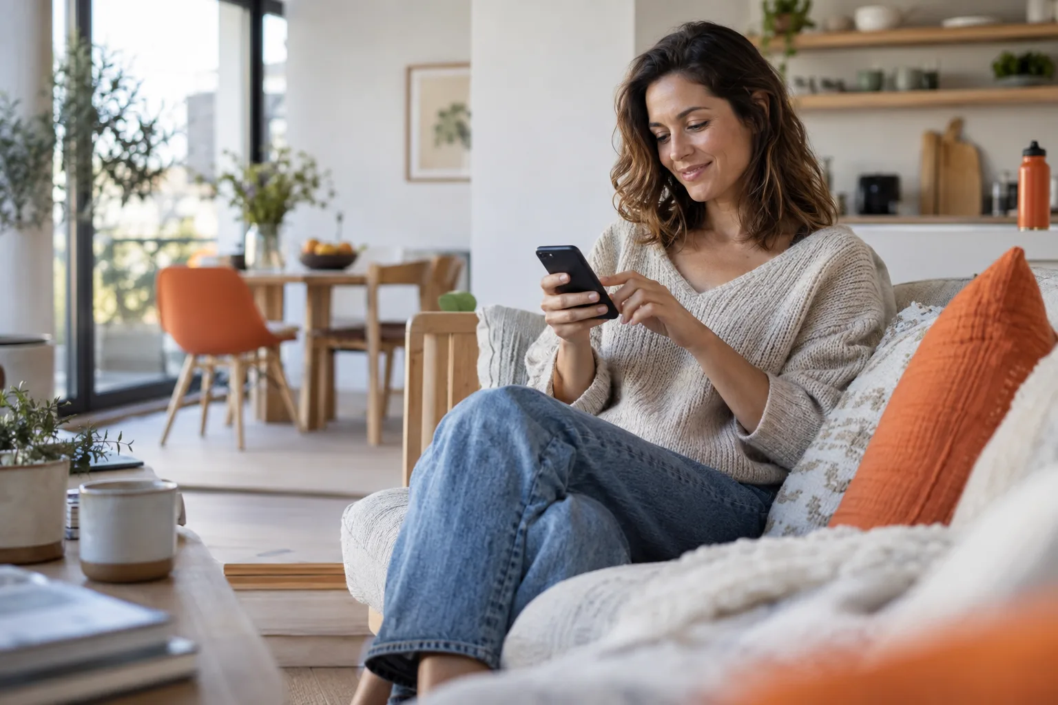 Eine Frau bucht auf dem Sofa ein Probetraining auf ihrem Handy (Symbolbild, mit KI gestaltet)